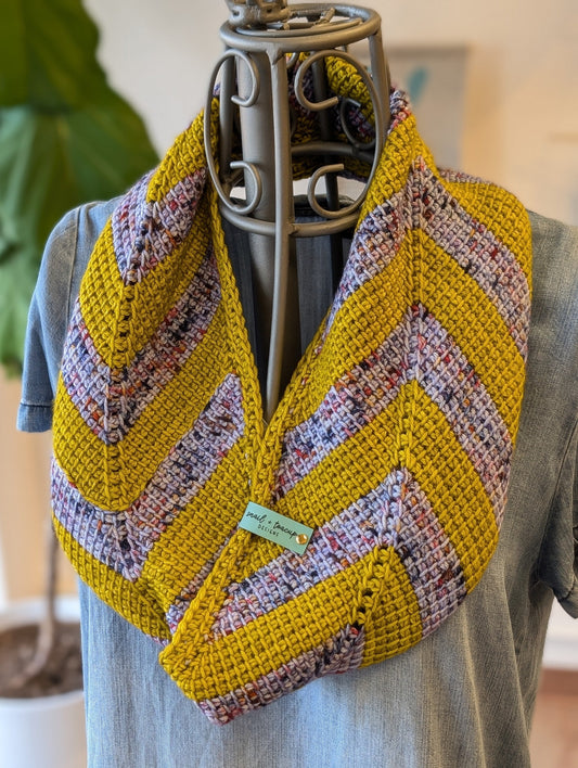 yellow and purple tone Chevron striped Cowl worn by a mannequin